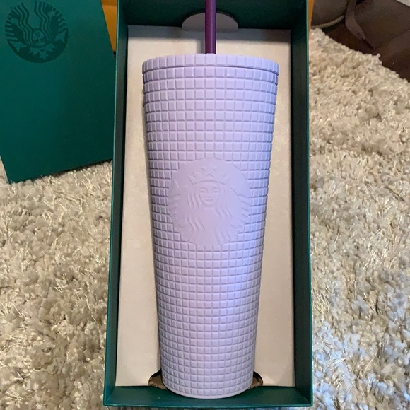 Starbucks Venti Lilac grid tumbler.